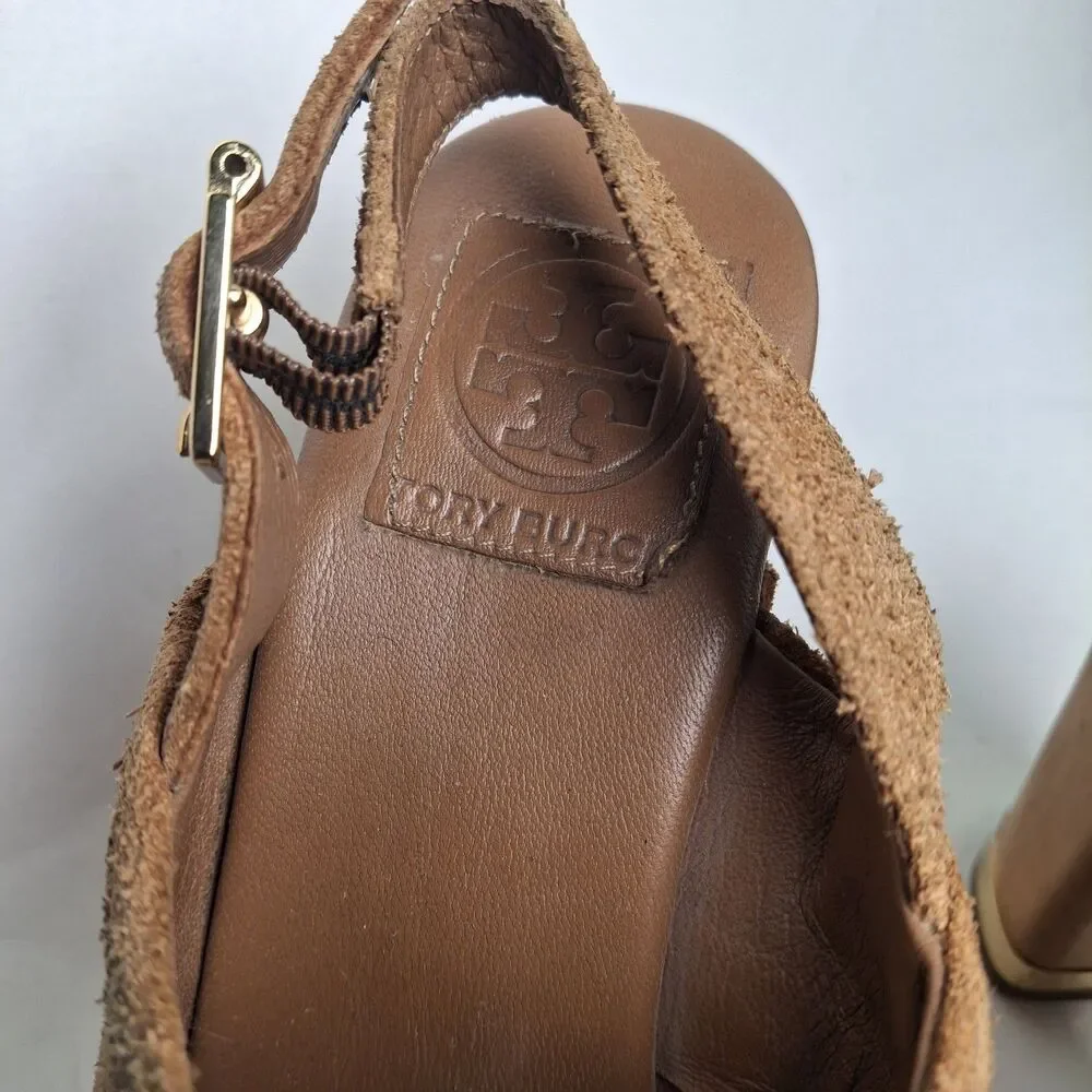 Tory Burch Brayden Slingback Clog 8M Brown Gold Wood Heel Studded Summer Party